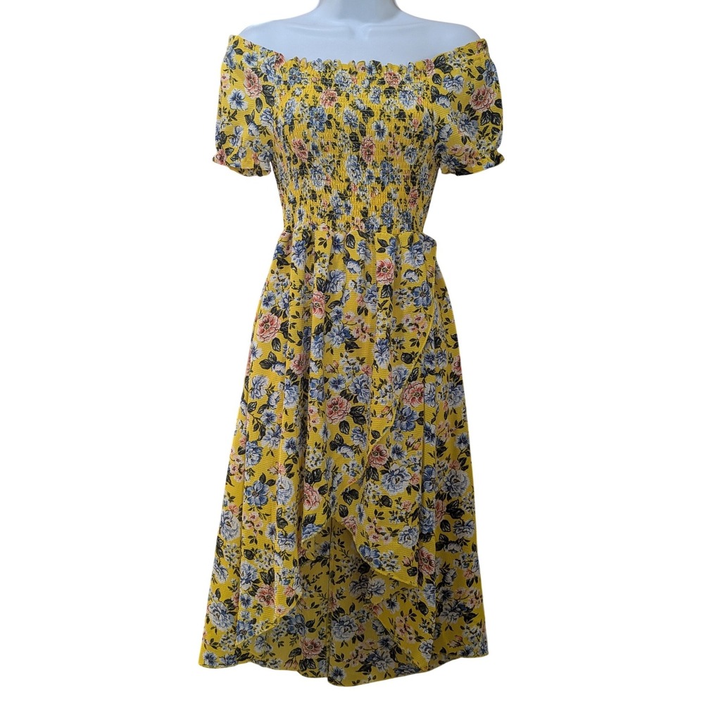 Knitworks Yellow Floral Smocked Puff Sleeves High Low Midi Western Dress Size 10